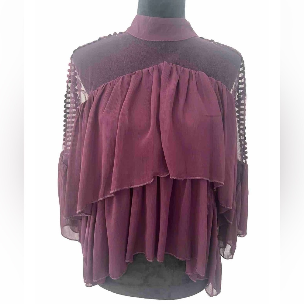 Women’s INA brand size L purple high neck layered top with sheer contrast.
